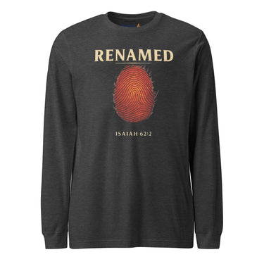 Renamed Long Sleeve T-Shirt Dark Grey Heather flat lay mockup showing front fingerprint design.